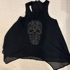 Andrew Charles beaded skull chiffon tank top black L whimsigoth biker